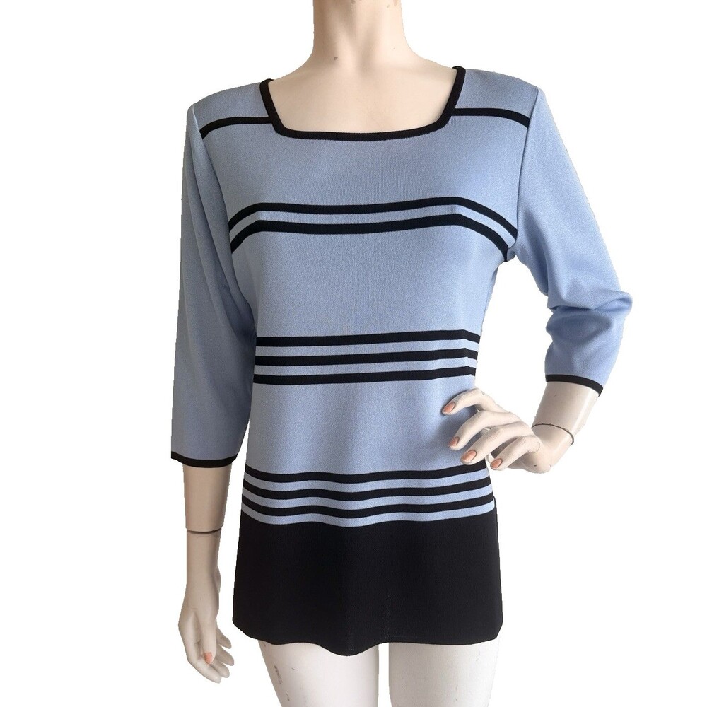 EXCLUSIVELY MISOOK Top Light Blue Black Striped 3/4 Sleeve Tunic Blouse Size PS